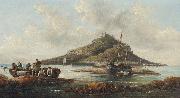 William Tomkins Coastal scene with islet and fishing folk oil painting artist